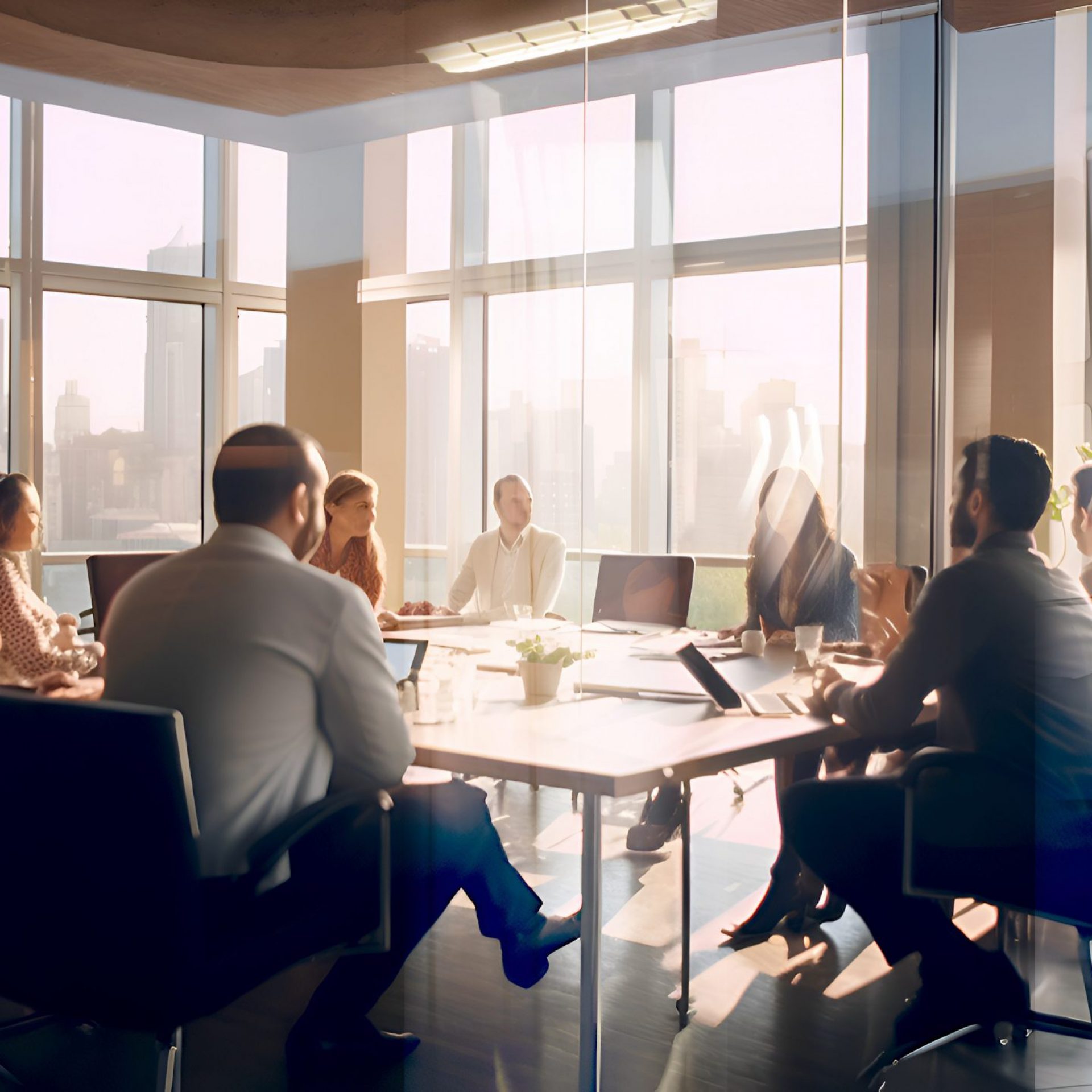 Business people having a meeting in office. Group of  people collaborating on a project, talking and sharing ideas. Illustration made with AI generative